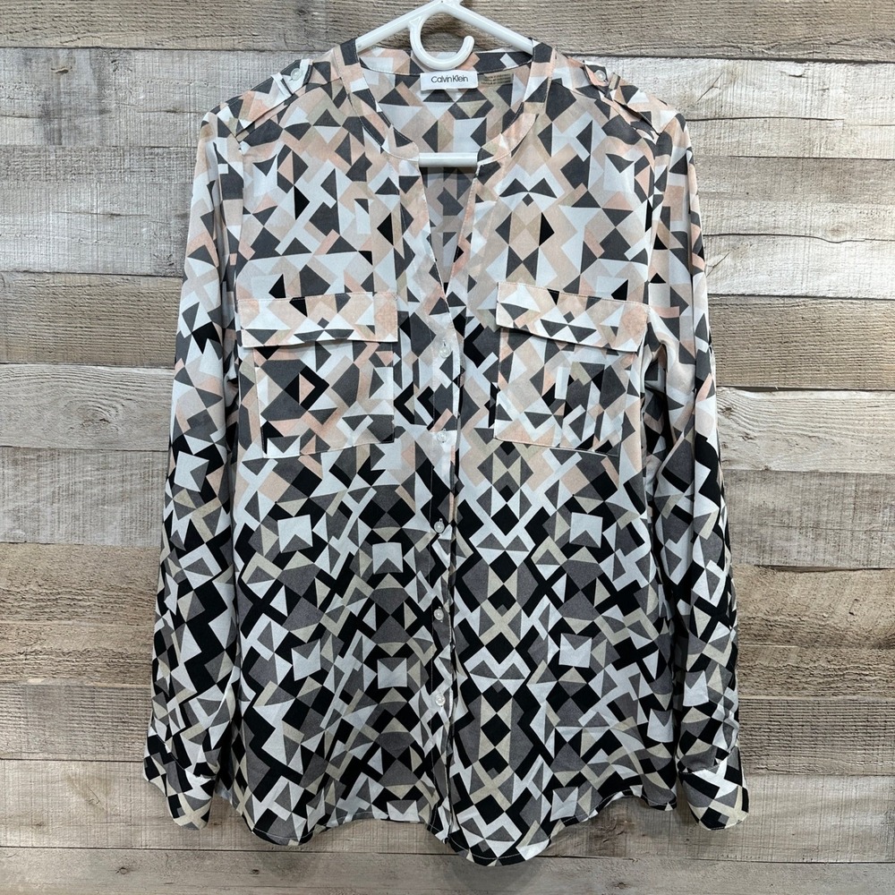 Calvin Klein Womens Career Geometric V Neck Button Blouse‎ Peach Grey Black Sz M